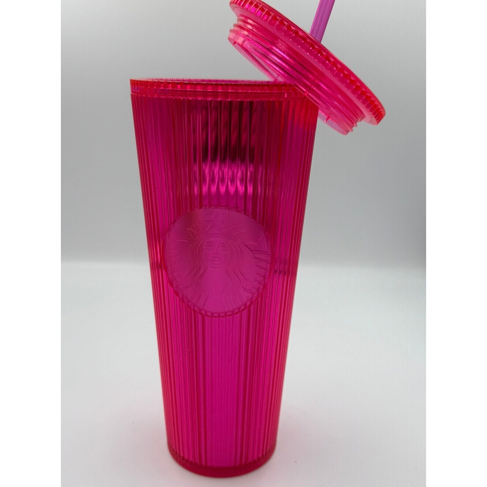 Starbucks 2023 Pink Vertical Pleated Ribbed Cold Cup Tumbler 24oz with Straw